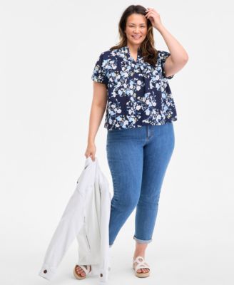 Plus Size Printed Short-Sleeve Blouse, Exclusively at Macy's 