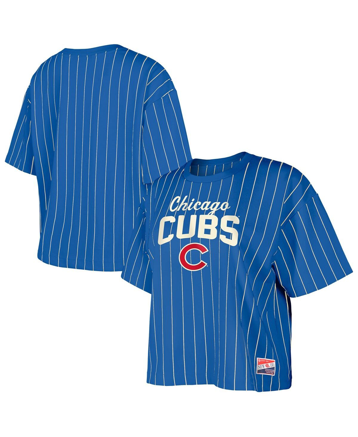 NEW ERA WOMEN'S ROYAL CHICAGO CUBS COOPERSTOWN COLLECTION MULTIPLIER PINSTRIPE CROPPED T-SHIRT 