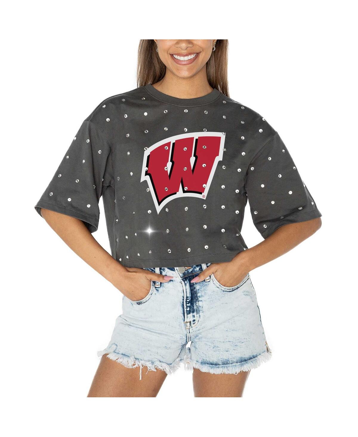 Women's Gray Wisconsin Badgers Go Time Rhinestone Crop T-Shirt - Gray