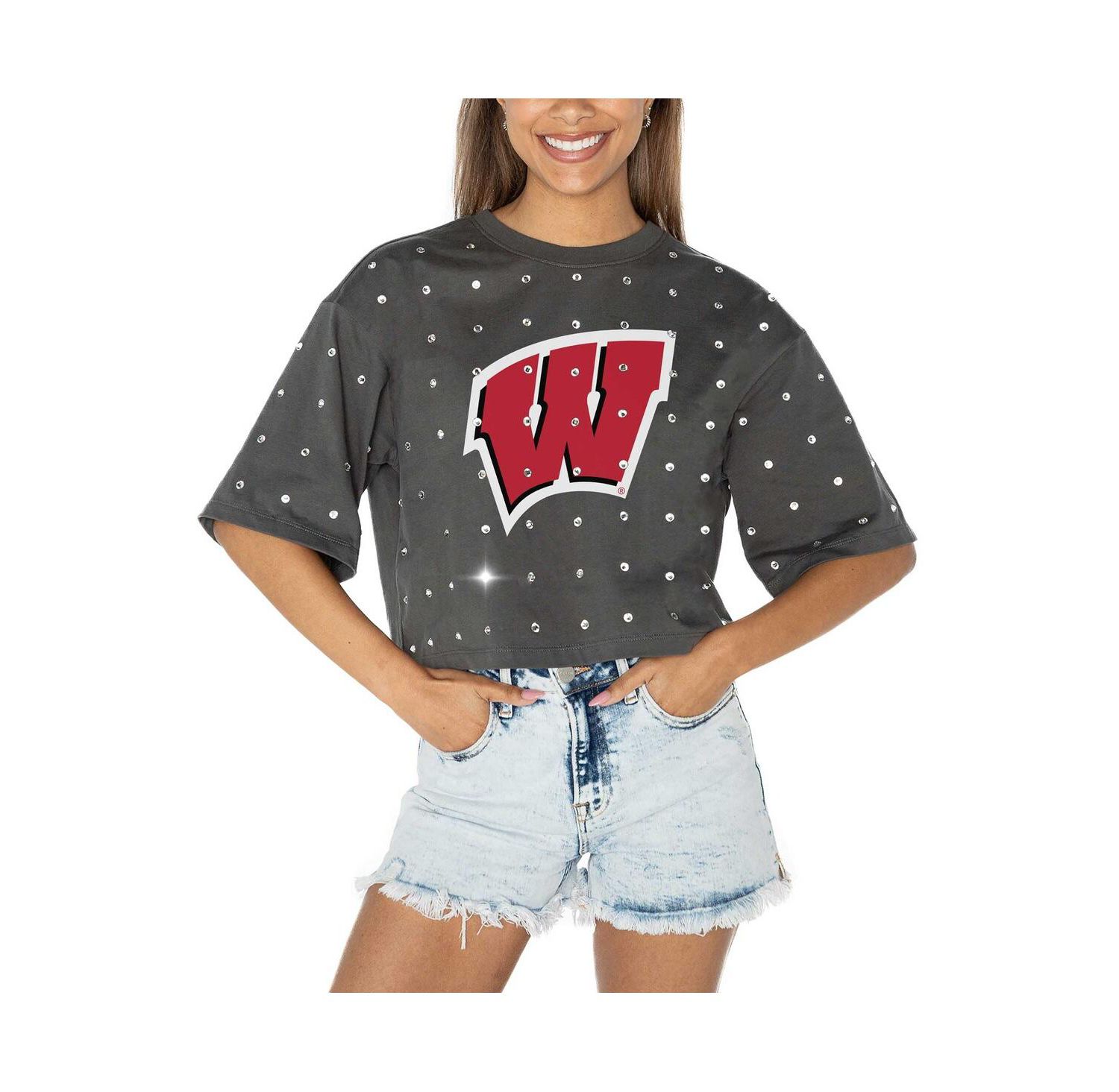 Women's Gray Wisconsin Badgers Go Time Rhinestone Crop T-Shirt