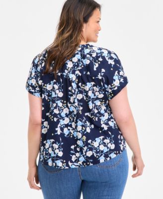 Plus Size Printed Short-Sleeve Blouse, Exclusively at Macy's 