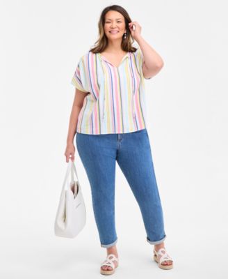 Plus Size Printed Tie-Neck Short-Sleeve Shirt, Exclusively at Macy's 