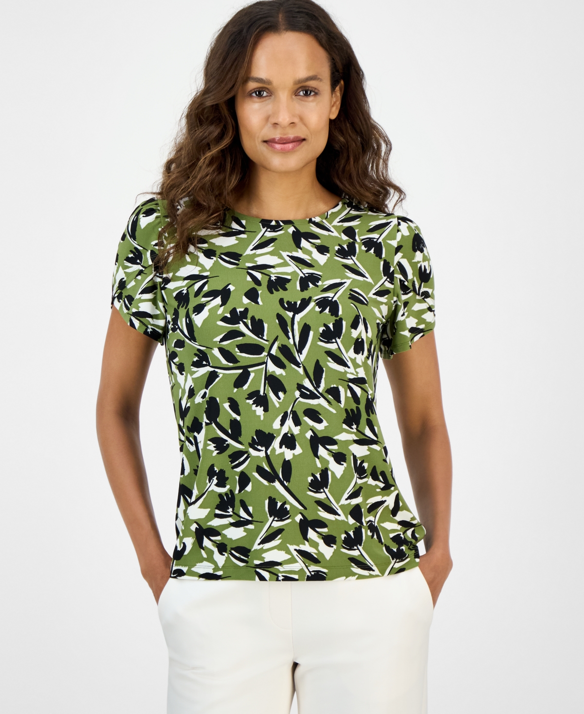Petite Printed Tulip-Sleeve Top - Bay Leaf Multi