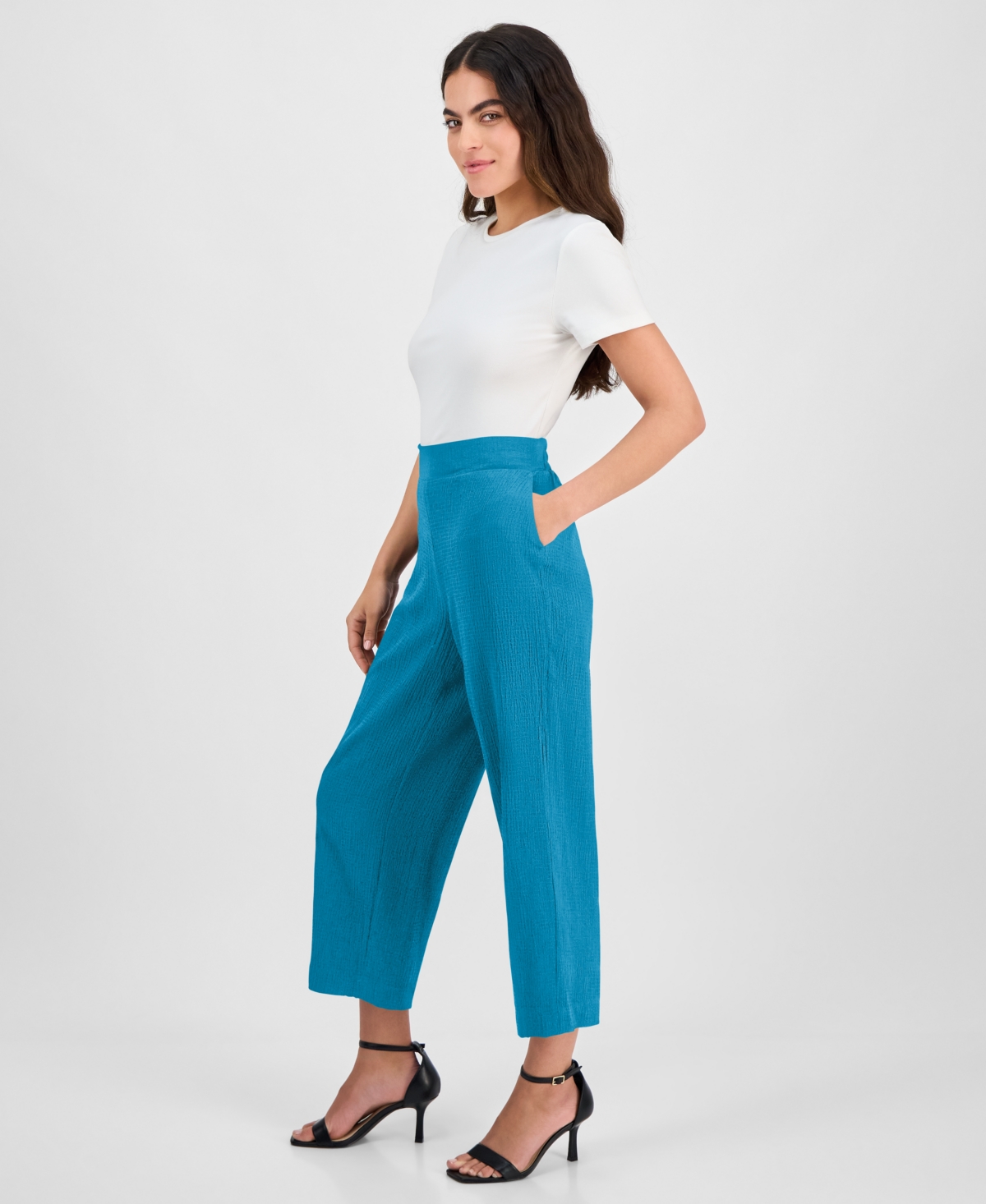 Ak Anne Klein Petite Pull-on Mid-rise Wide-leg Pants In Tropical Blue