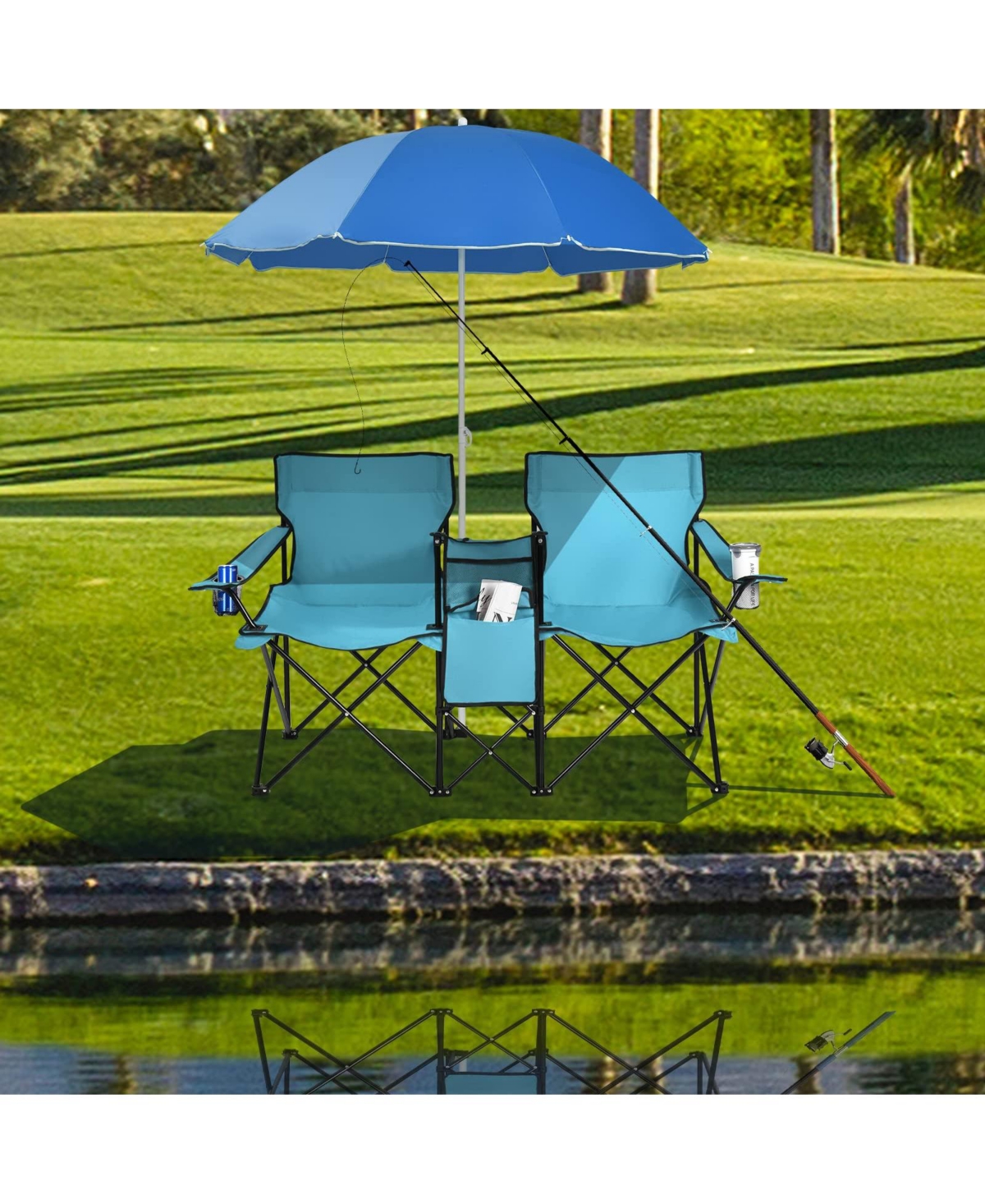 Portable Folding Picnic Double Chair With Umbrella