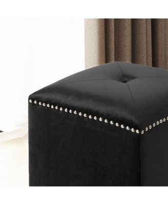Velvet Upholstered Square Ottoman with Tufted Top and Studded Trim for Living Room or Bedroom Seating-The Pop Home