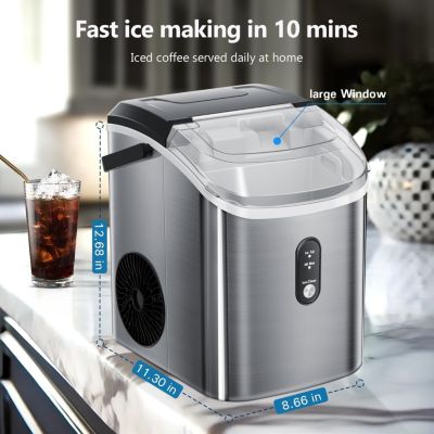 Nugget Ice Maker Countertop with Handle, 35Lbs/24Hrs,7 Mins Fast Ice Making, Stainless Steel Pellet Ice Maker with Ice Basket/Ice Scoop for Home/Bar/Party/Office