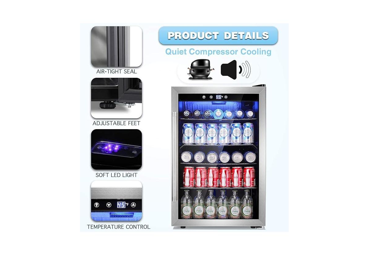 Zafro Mini Beverage Fridge with Glass Door - 145 Can Capacity, 4.4Cu.Ft Cooler for Soda, Beer or Wine, Perfect for Home, Office or Bar