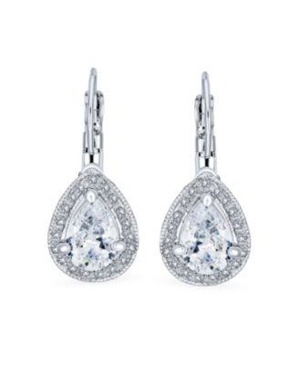 2. Cubic Zirconia Crystal Halo Teardrop Solitaire CZ Lever Back Earrings Plated Alloy