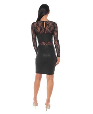 Women's Mock Neck Leather Dress with Lace