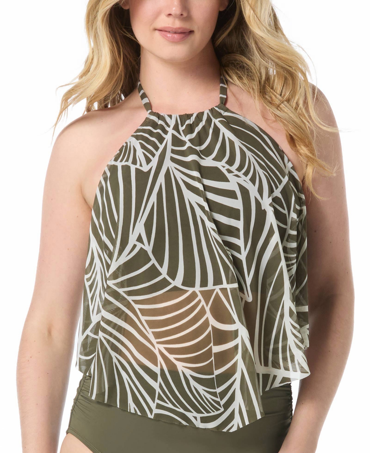 Women's Aura Mesh Printed Tankini Top - Palm Green