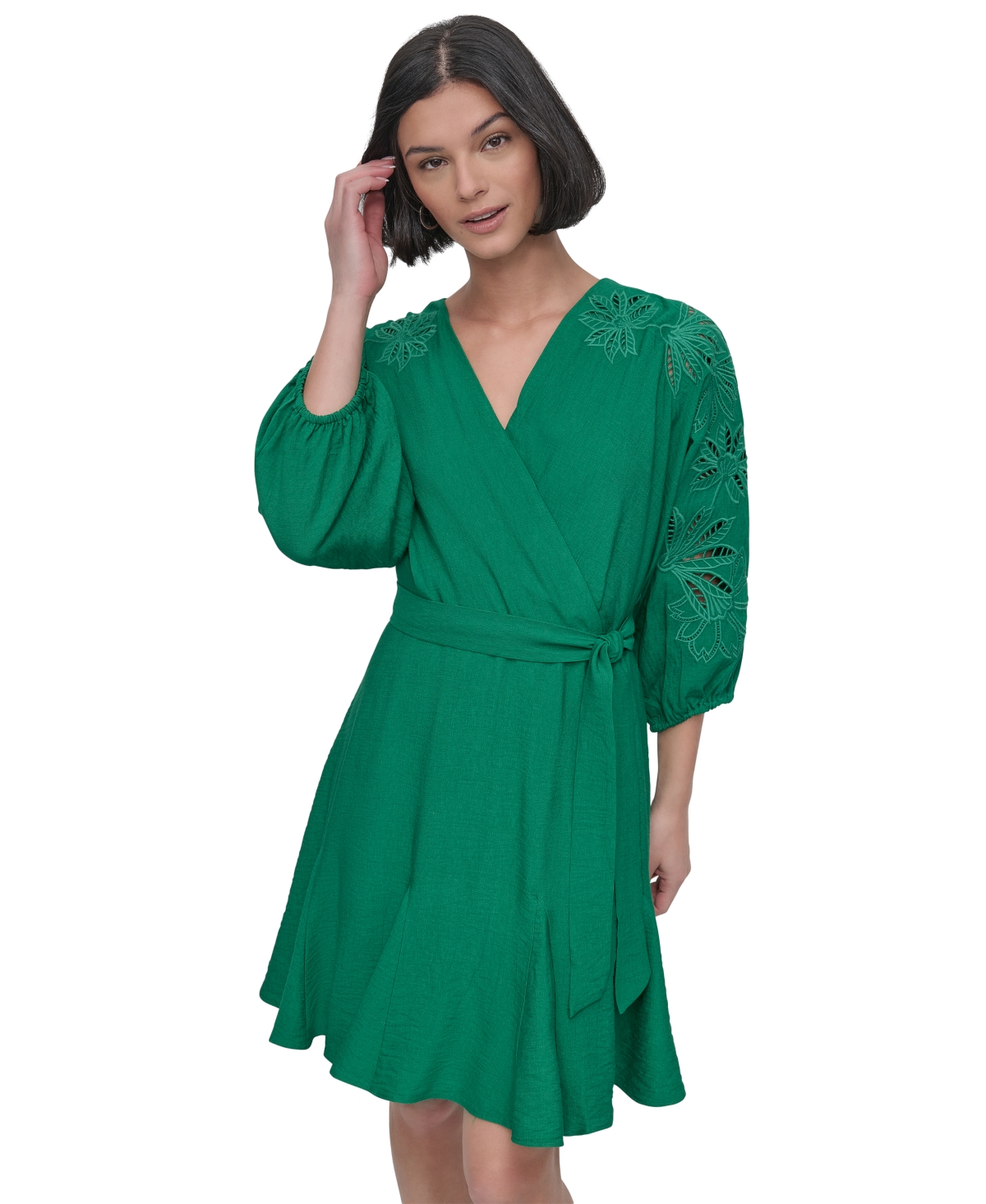 Shop Dkny Petite Faux-wrap Embroidered-sleeve Fit & Flare Dress In Grass Green