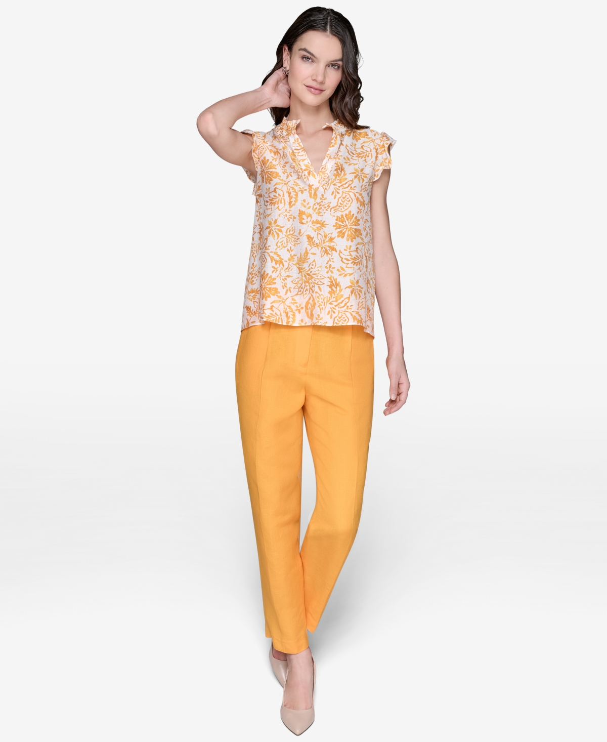 Karl Lagerfeld Women's Printed Split-neck Flutter-sleeve Blouse