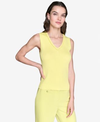 KARL LAGERFELD PARIS - Women's Embellished V-Neck Ribbed Knit Sleeveless Top