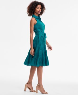 Petite Cotton Belted Pleated Tiered Shirtdress
