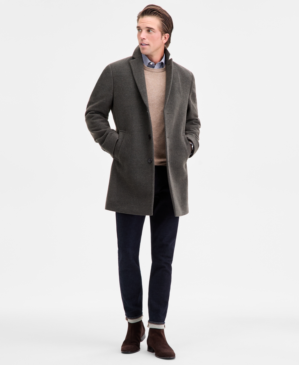 Men's Slim-Fit Wool Blend Overcoat - Grey