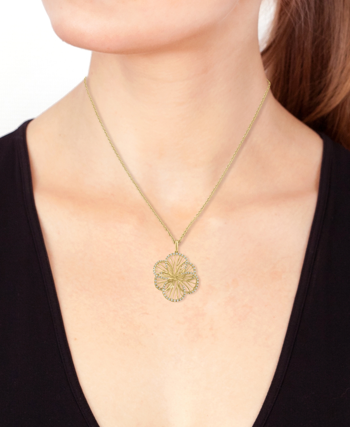 Effy Collection Effy Diamond Border Openwork Flower Pendant Necklace (3/8 Ct. T.w.) In 14k Gold, 17" + 1" Extender