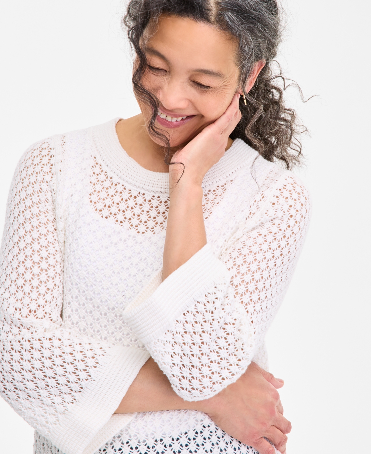 Shop Style & Co Women's Cotton Open-knit 3/4-sleeve Sweater, Exclusively At Macy's