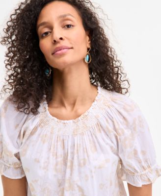 売れ筋商品|||スタイルアンドコー カットソー トップス レディース Women's Cotton Contrast-Stitch Puff-Sleeve Top, Exclusively at Macy's Summer Blue Style & Co Women's Cotton Printed Contrast-Stitch Puff