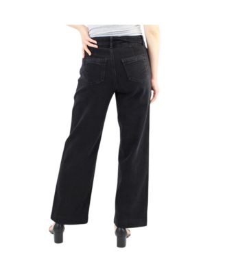 Women's Two Botton Tummy Control Wide Leg Black Jeans with Belt