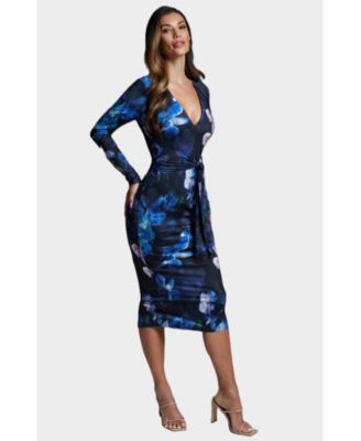 Women's Tie Waist Printed Midi Knit Dress