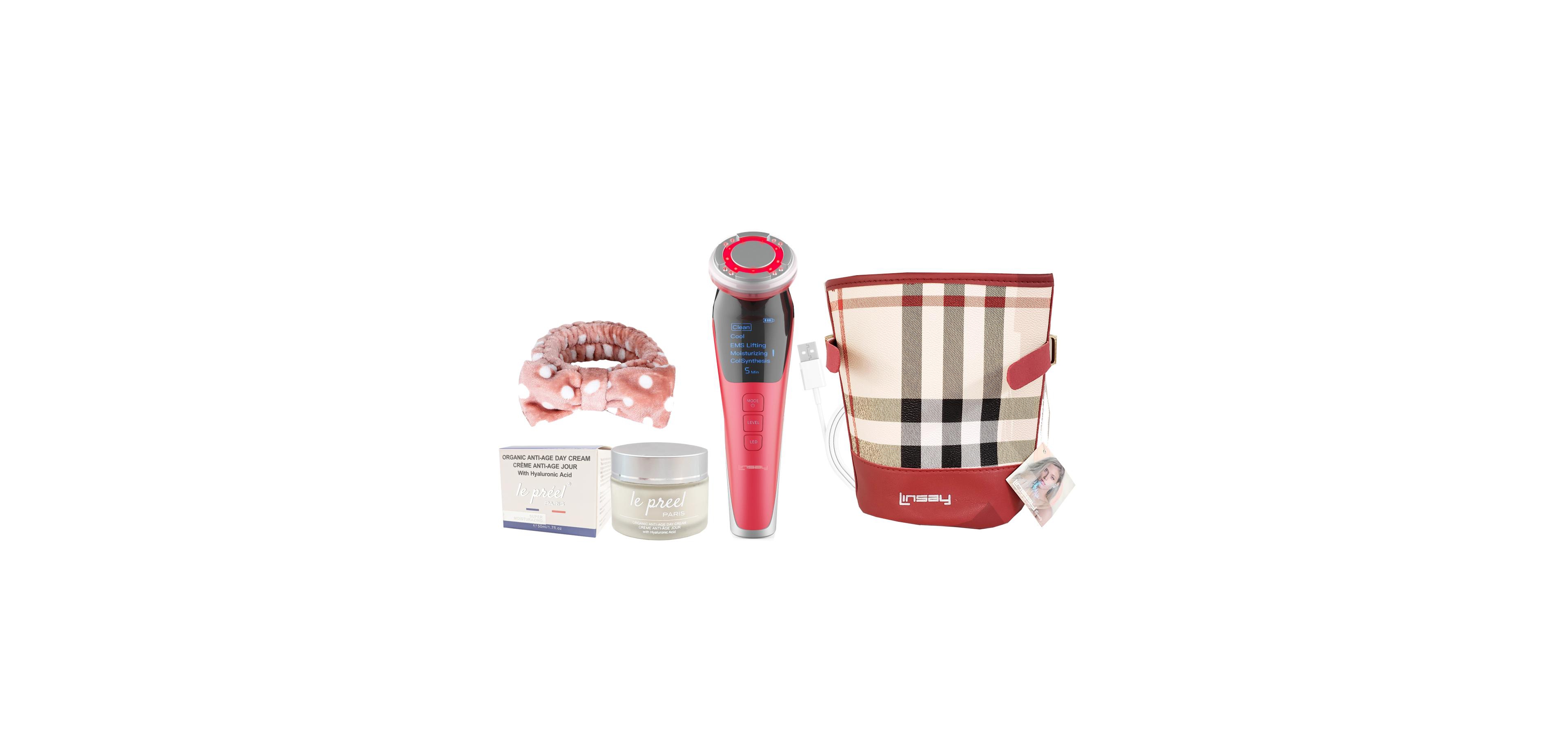 Linsay Rejuvenation Lifting Device Ems Technology Warm and Cool Led Massage Bundle with le preel Paris Day Time Cream, Usb Cable, Headband and Bag