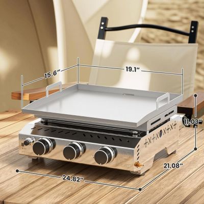 Portable 26 Inch Tabletop Griddle with Grill Grate, Stainless Steel Propane Gas Grill with 3 Burners,24000 BTU