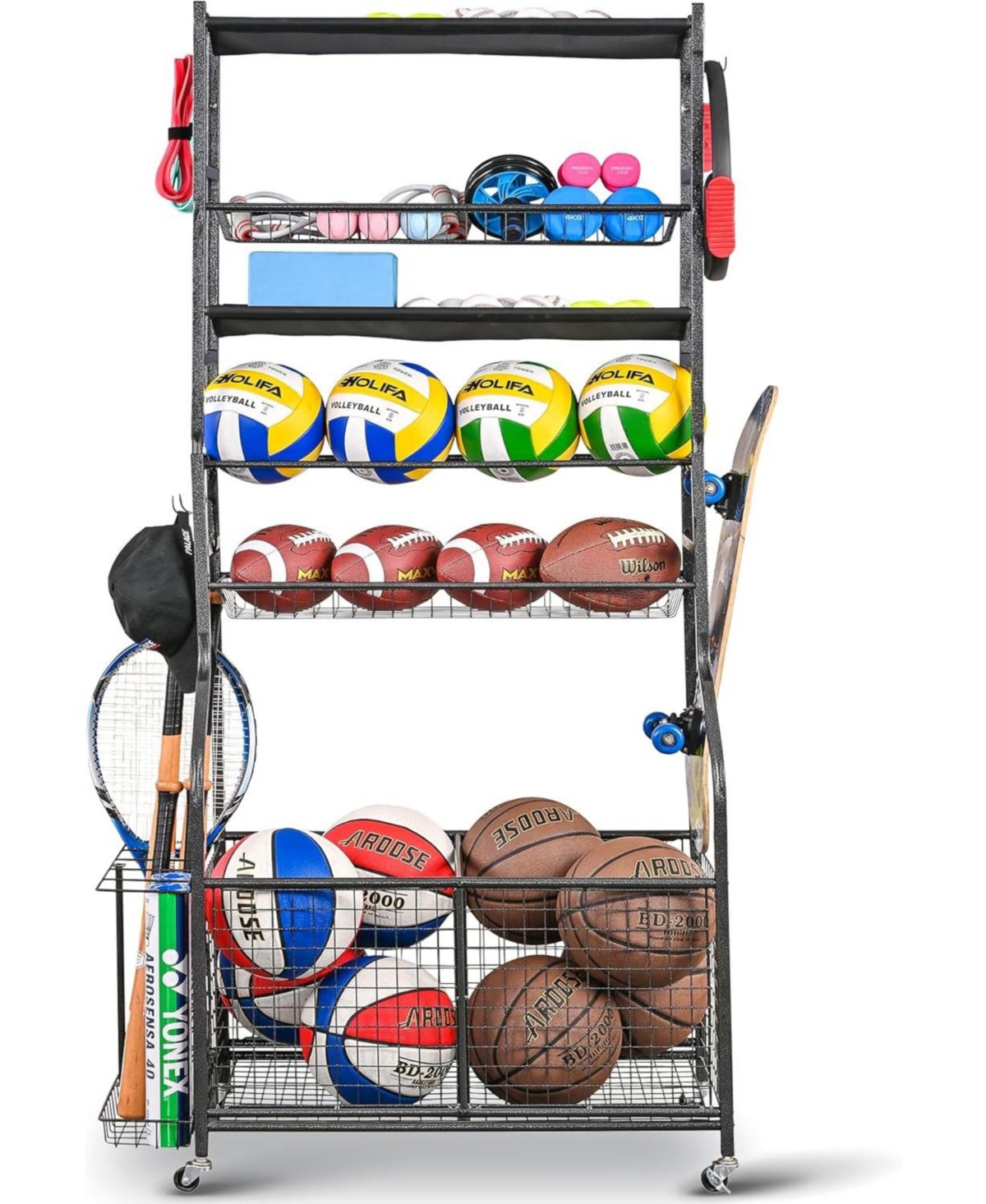 Weight Capacity Sports Storage Garage Organizer for Balls Yoga Mats Multifunction Equipment Rack