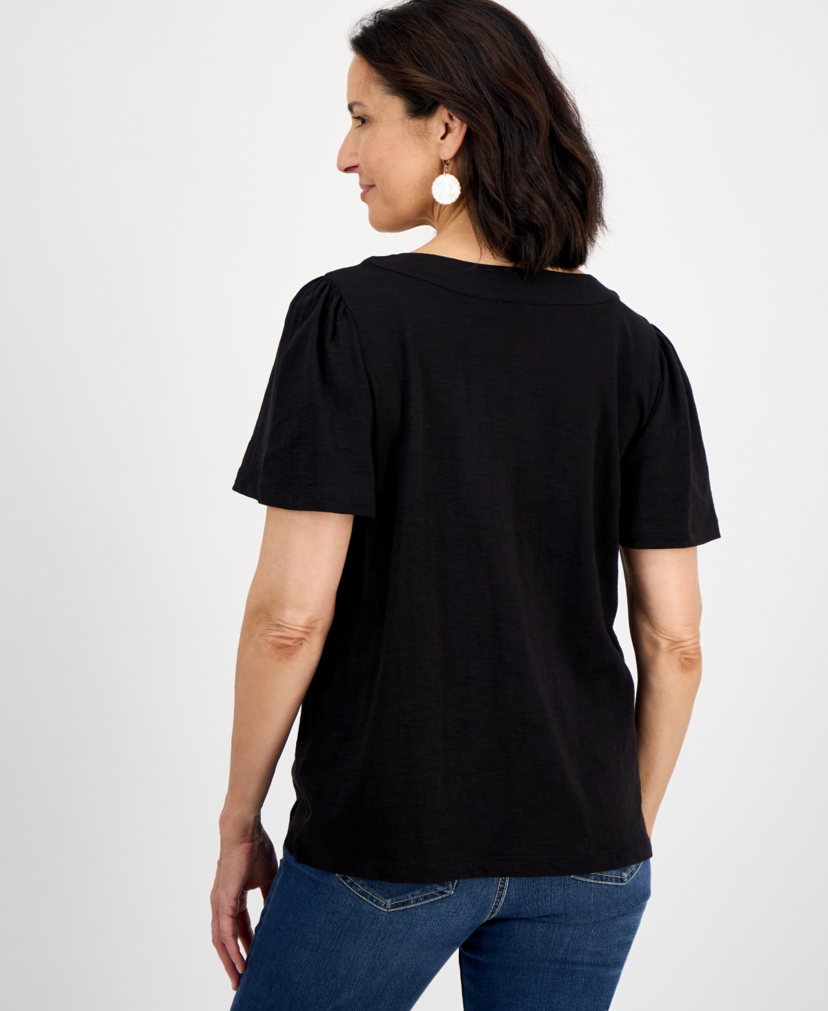 Style & Co Style& Co Women's Printed Square-neck Flutter-sleeve Top, Exclusively At Macy's In Black