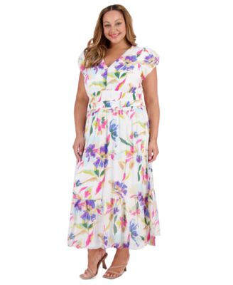 London Times - Plus Size Printed Smocked-Waist Bubble-Sleeve Maxi Dress