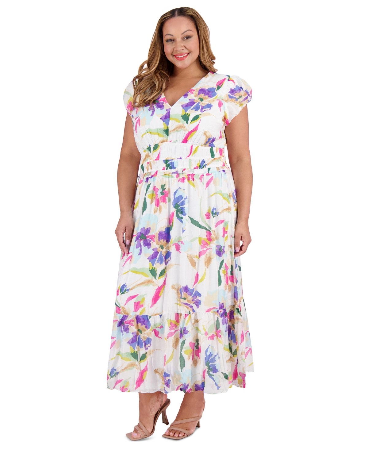 London Times Plus Size Printed Smocked-waist Bubble-sleeve Maxi Dress