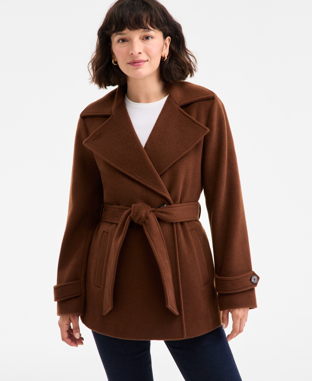 Michael Kors Michael  Petite Short Belted Wrap Coat, Exclusively At Macy's In Brown