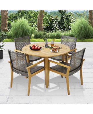 5 PCS Patio Dining Set Round Acacia Wood Table 4 Wicker Armchairs Outdoor Garden