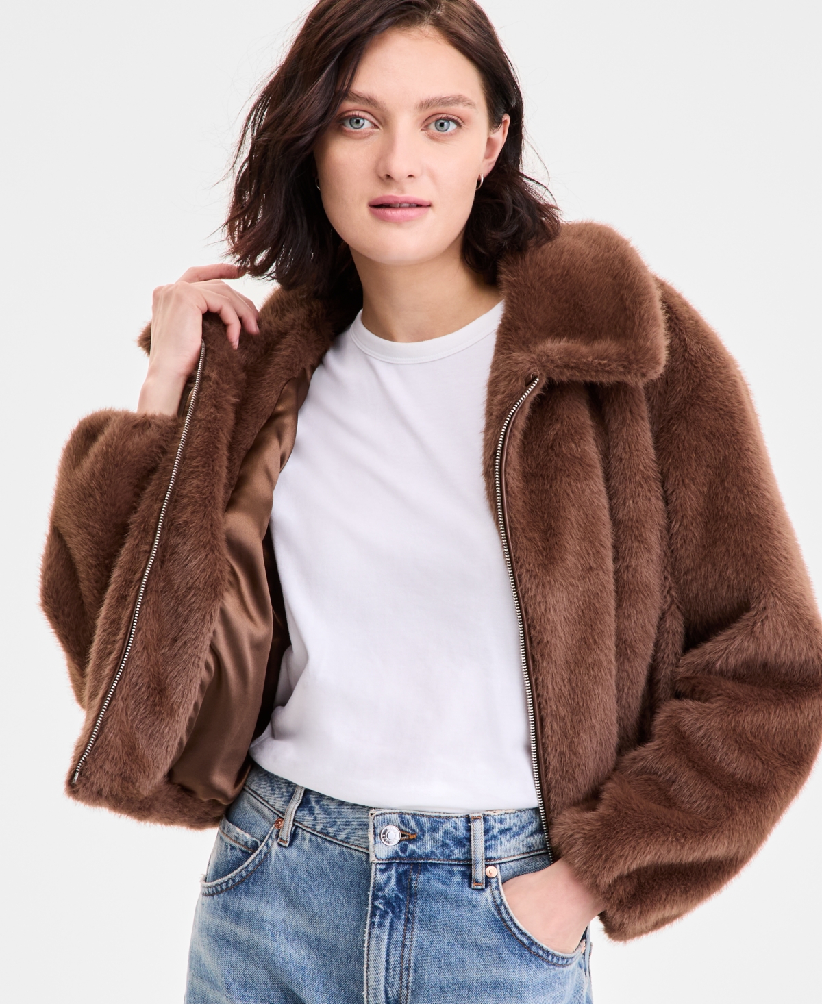 Cece Petite Zip-front Faux-fur Bomber Jacket In Brown