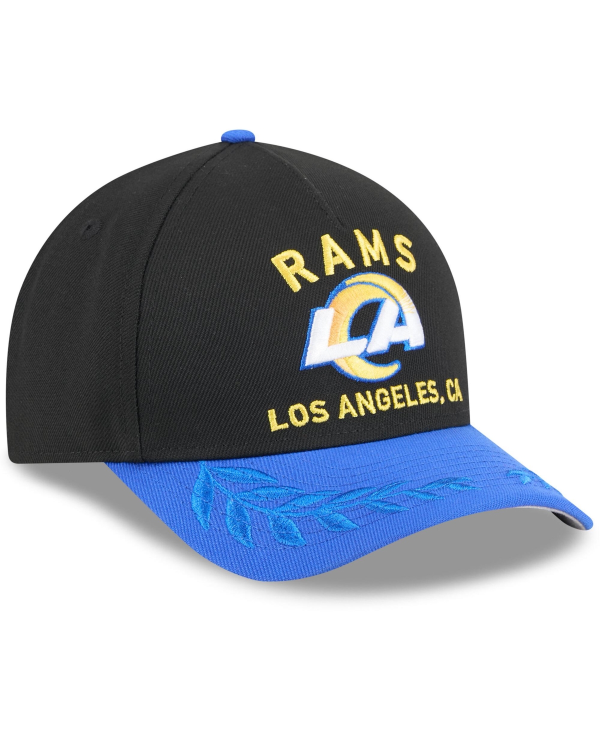 NEW ERA MEN'S BLACK/ROYAL LOS ANGELES RAMS 2025 NFL DRAFT 9FORTY A-FRAME M-CROWN ADJUSTABLE HAT 