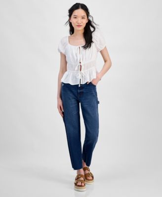 Hippie Rose - Juniors' Shirred Tie-Front Peasant Top