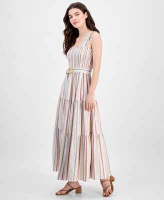 Women's Striped Smocked-Bodice Tiered Dress