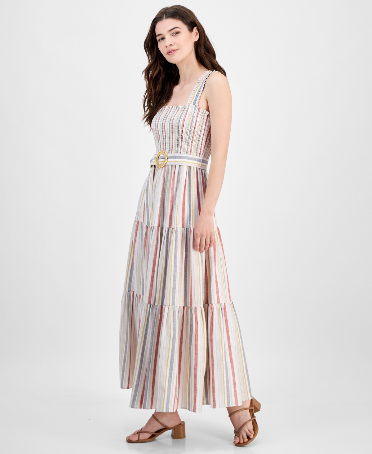 Anne Klein Smocked Bodice Belted Tiered Midi Sundress In Multi