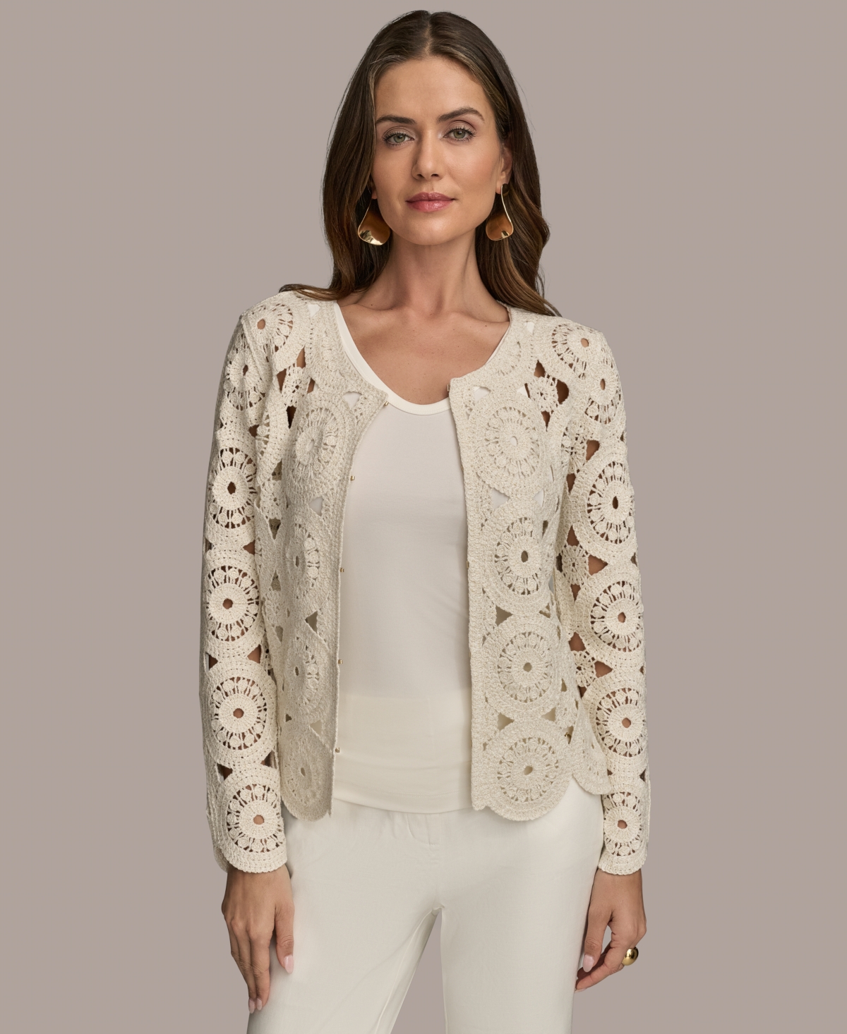Shop Donna Karan Women's Crochet Cotton Blend Cardigan
