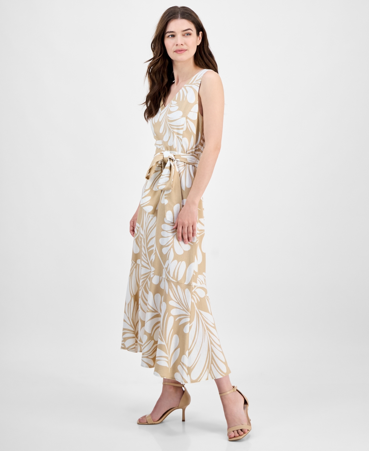 Anne Klein Leaf Print Sleeveless Midi Dress In Multi