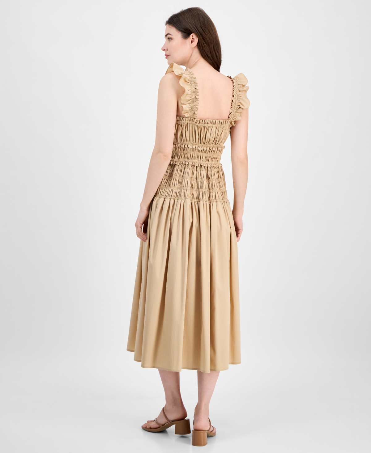 Anne Klein Smocked Ruffle Trim Midi Dress