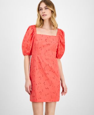 Women's Square-Neck Puff-Sleeve Eyelet Dress