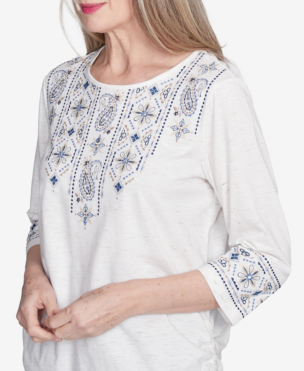 Alfred Dunner Plus Size Summer Solstice Linear Embroidered Tie Sleeve Top In Linen