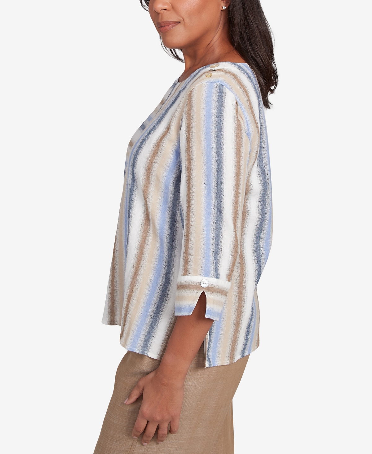 Alfred Dunner Plus Size Summer Solstice Spliced Stripe Button Shoulder Crew Neck Top In Neutral Multi