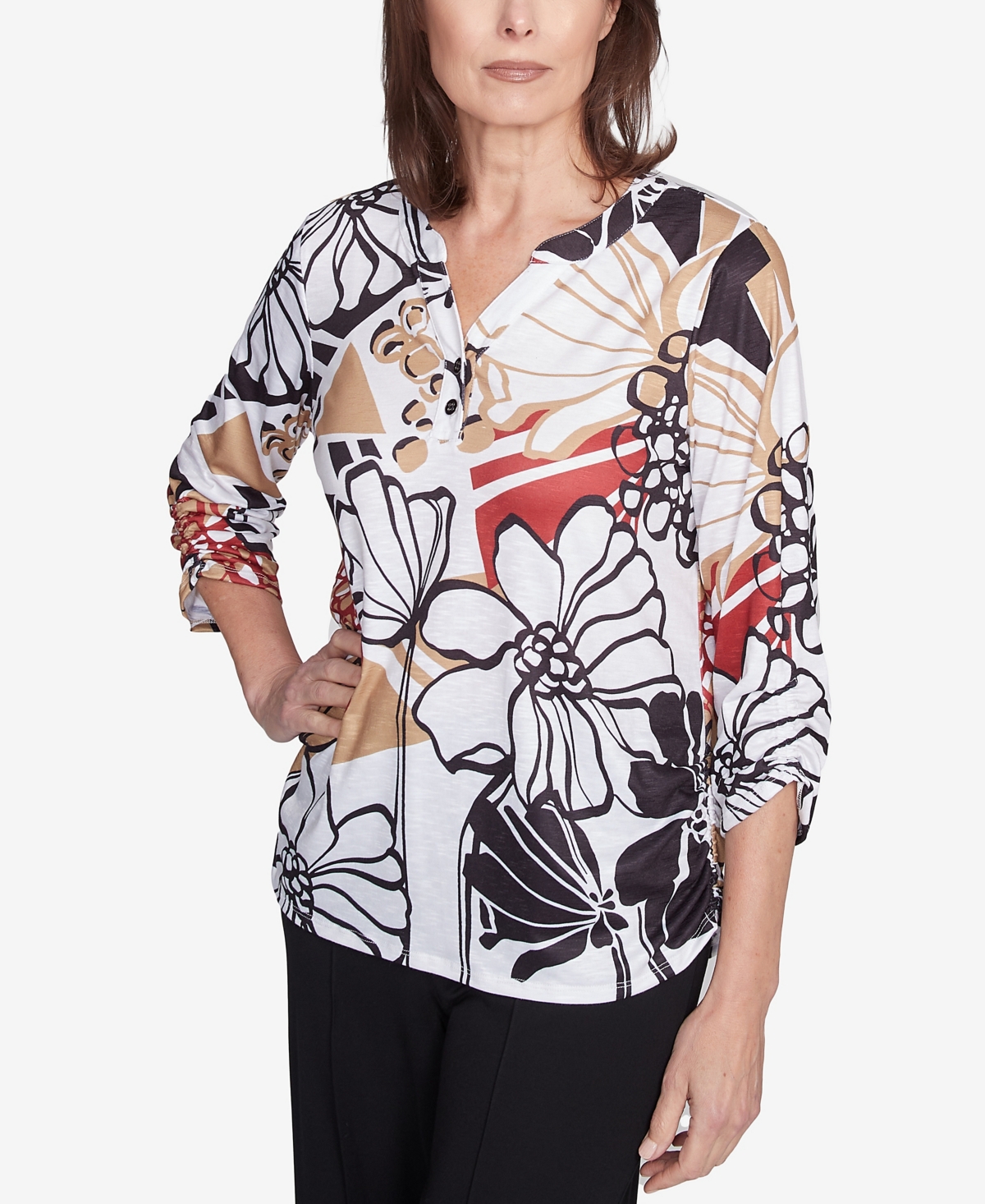 Alfred Dunner Petite Bold Floral Illustrated Henley Top In Neutral Multi