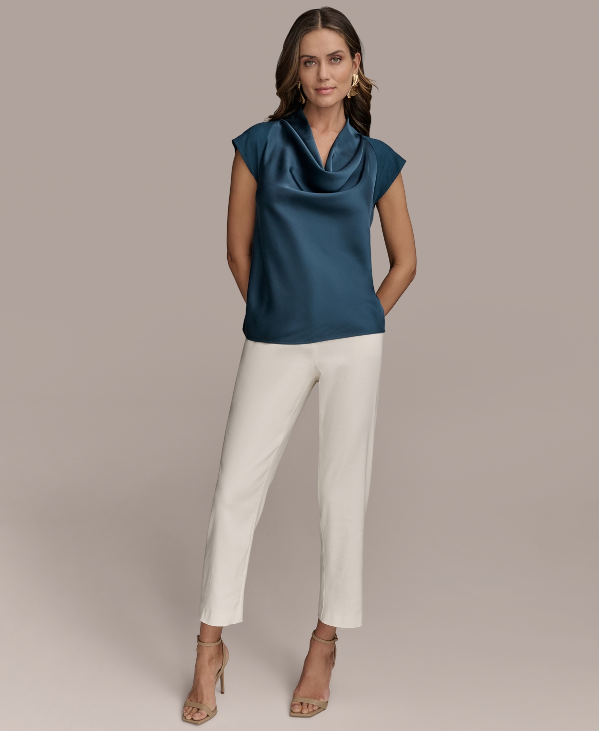 Shop Donna Karan Women's Cap Sleeve Satin Cowlneck Top