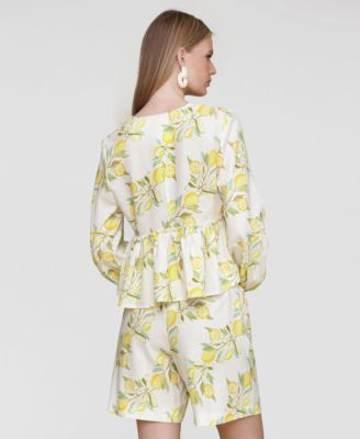 Women's Printed Tie-Front Balloon-Sleeve Blouse