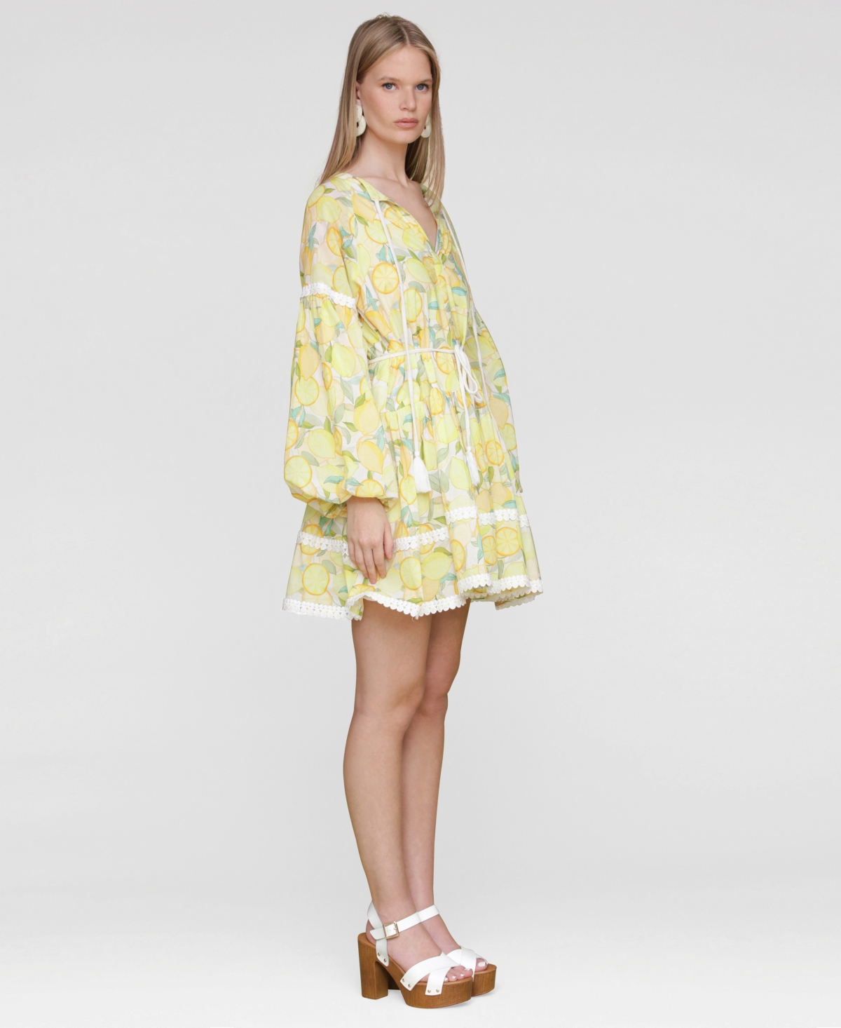 Avec Les Filles Women's Cotton Lemon-print Split-neck Prairie Mini Dress