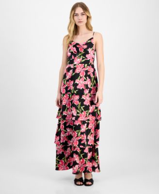 Anne Klein - Women's Printed Satin Tiered Cowlneck Maxi Dress
