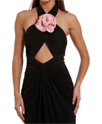 Women's Jersey Crossover Halter Neck Gown With 3D Flower